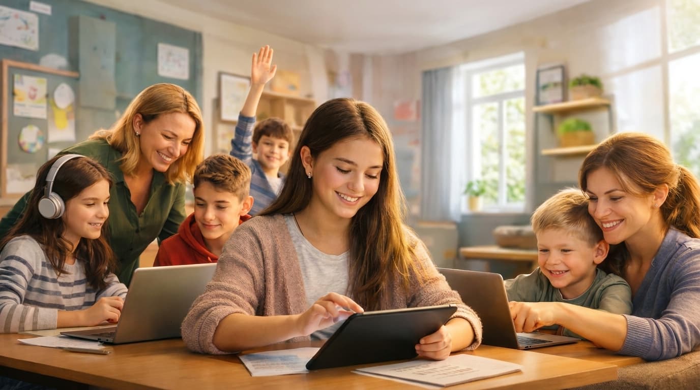 Illustrasjon av lærer og elev som bruker 321skole